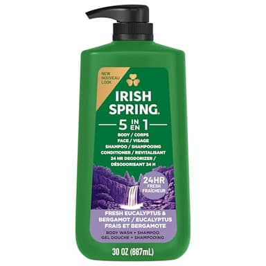 Irish Spring 5 in 1 Moisturizing Body Wash for Men, Shampoo, Conditioner, Body and Face Wash, and 24 Hour Deodorizer, Paraben-Free, Fresh Eucalyptus & Bergamot Scent, 20 fl oz
