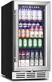 Feelfunn 15 Inch Beverage Refrigerator Under Counter - 126 Cans Beverage Fridge with Glass Door for Beer Wine Soda - Built-in or Freestanding Wine Cooler with Safety Lock for Home Kitchen Bar