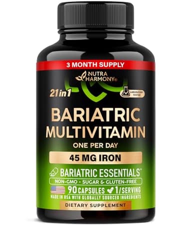 Bariatric Multivitamin - 45 mg Iron Supplements - Made in USA - for Women & Men - All-in-One, 21 Essential Vitamins - Gastric Sleeve Support - Free of Sugar, Gluten & Soy - 90 Capsules, Once Daily