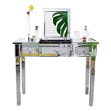 VINGLI Silver Mirrored Vanity Desk, Glass Vanity w/Drawers and Flip Mirror, Bling Mirror Vanity Desk for Women Girls Bedroom, Makeup Room & Office Writing Desk