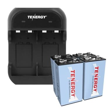 Tenergy 9V Battery Rechargeable 250mAh 4 Pack NiMH Square Battery with 2 Bay 9V Battery Charger for Smoke Alarm/Detector
