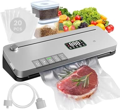 Food Vacuum Sealer Machine, 75KPa Strong Suction, Digital Timer, Built-in Cutter, Pulse Function, Dry & Moist Modes, External Vacuum for Jars & Containers, 20 Vacuum Sealer Bags Included