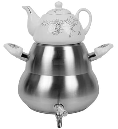 Transitional Large Capacity Classic Iranian Samovar Russian Persian Turkish Tea Maker Water Kettle Heavy Thick Stainless Steel Ceramic Porcelain Teapot 6+1=7 Liter W/Faucet