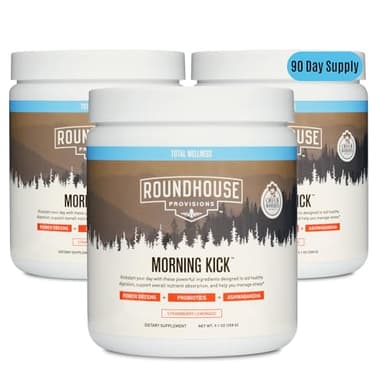ROUNDHOUSE PROVISION Morning Kick, Greens Superfood Powder Supplement with Ashwagandha, Collagen & Probiotics - Sugar Free, Caffeine Free (3 Pack, Strawberry Lemonade Flavor) by Chuck Norris