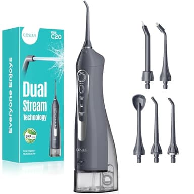 COSLUS Water Dental Flosser Teeth Pick C20: Portable Cordless Oral Irrigator 300ML Rechargeable Travel Irrigation Cleaner IPX7 Waterproof Electric Flossing Machine for Teeth Cleaning, Grey