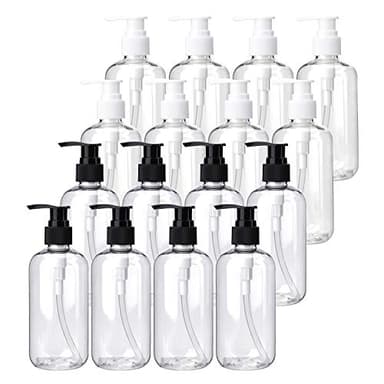 Bekith 16 Pack Empty Lotion Bottles with Black and White Pumps, 8oz Plastic Clear Round Bottles Containers for Creams, Hand Soap, Body Wash