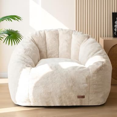 MAXYOYO Giant Bean Bag Chair, Oversized Bean Bag Couch for Adults and Kids, Faux Fur Shell-Shaped Large Chair with Filler, Stuffed Big Accent Sofa Lounge Floor Sofa for Reading, Beige, Standard