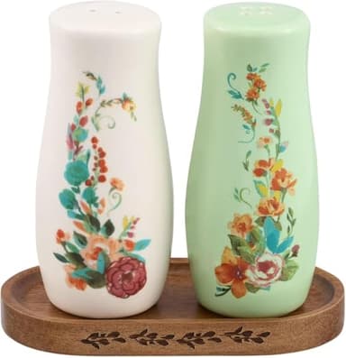 Pioneer~Women Painted Meadow 3 Pieces Salt & Pepper Shakers with Acacia Tray Set Wood