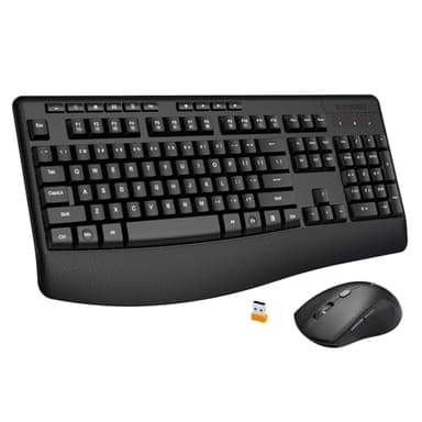 Wireless Keyboard and Mouse Combo,Silent Soft Touch Quiet Keyboard Less Noise 90%,Ergonomic with Wrist Rest,2.4GHz 104 Keys Full Size,2400 DPI Mouse,for Office/Work/Home/PC Computer/Laptop/Mac,Black