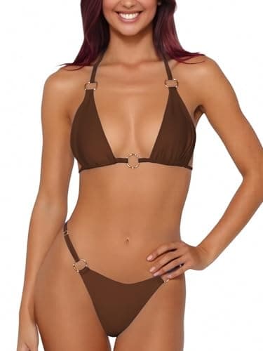 Women Bikini Set Two Piece Swimsuit Sexy Thong Bathing Suit Halter Triangle Tops Cheeky Bikini (Brown, Small)