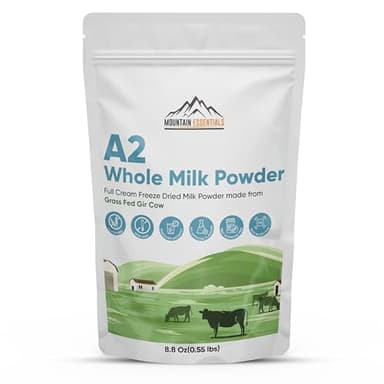 MOUNTAIN ESSENTIALS A2 Whole Milk Powdered Milk 8.8 Oz – Full Cream, Freeze Dried, Gluten Free, Shelf Stable, Non-GMO – Made From Grass-Fed Gir Cow – Easy To Digest – For Cooking & Baking