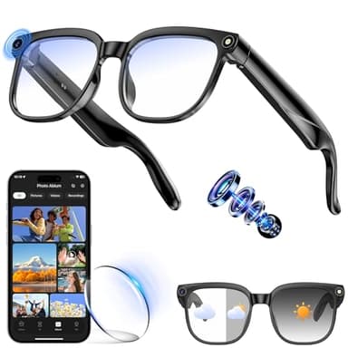 Hwagol Smart Glasses with Camera, 8MP HD Photo and Video Recording,AI Glasses with Real-Time Translation/Object Recognition/AI Voice Q&A/Recording, Calls and Music,UV & Blue Light Protection