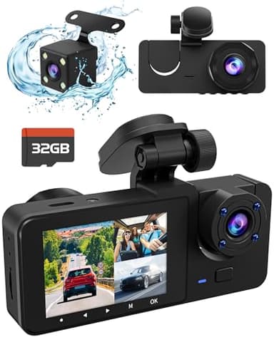 3 Channel Dash Cam,4K+1080P Dash Cam Front and Rear Inside, Dash Camera for Cars, Triple Car Camera with 32GB Card,Built-in G-Sensor, 2’’ IPS Display Car Camera,Loop Recording,24Hr Parking