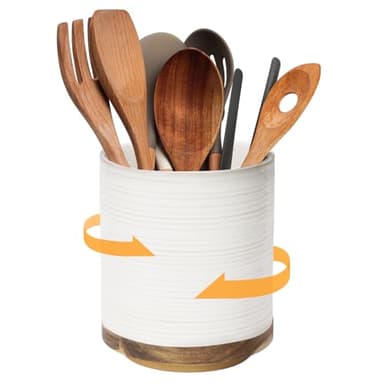 DOWAN 360° Rotating Extra Large Cooking Utensil Holder, 7.6" Kitchen Utensil Holder for Countertop, Utensil Crock for Farmhouse Kitchen Decor, Ceramic Stable Utensil Caddy, Soft White