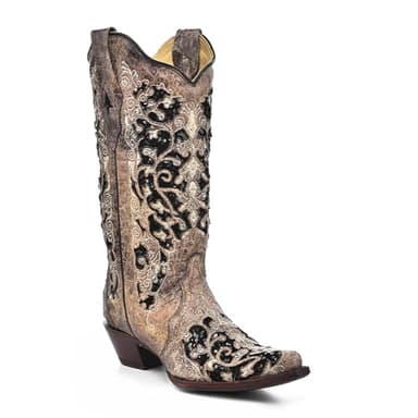 Corral Boots Women's Black Floral Western Boots | Snip Toe Cowboy Boots with Glitter Inlay, Crystal and Stud Embellishments