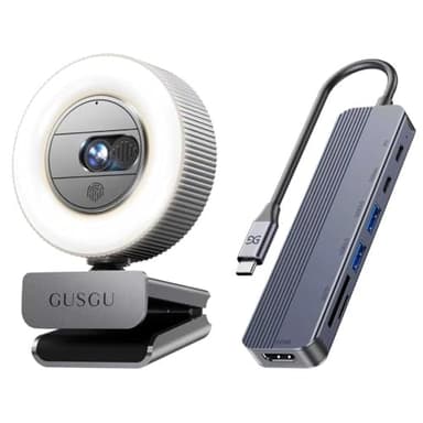 GUSGU G910 2K Quad HD Webcam with Microphone, Ring Light & Privacy Cover + 7-in-1 USB C Hub with 4K HDMI, USB 3.0, SD/TF & 100W PD for MacBook, HP, Dell, Lenovo
