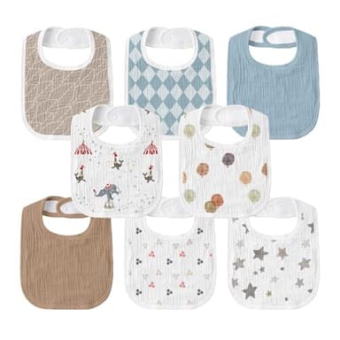 GLLQUEN BABY Muslin Drool Bibs for Boys Girls 8 Pack, Adjustable Baby Bibs for Drooling and Teething, Soft Cotton Baby Bandana Bib for Newborn Feeding Essentials (Circus)