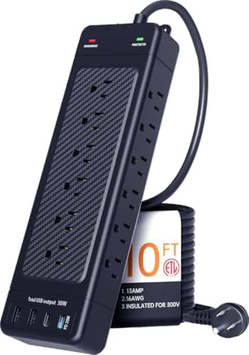 Surge Protector Power Strip/Heavy Duty 10ft Extension Cord with Multiple outlets/High Joules Protection (4800J)/18AC/1875W/15A/Usb A+C(PD20W),Flat Plug,Commercial,Industrial,Office,Home,Black