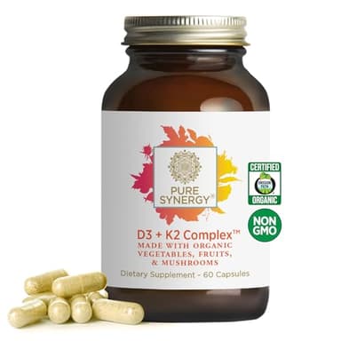 PURE SYNERGY D3 + K2 Complex | Vegan Vitamin D3 K2 Complex | Organic D3 Supplement with Vitamin K2 and K1 Plus Organic Whole Foods | Supports Bone, Brain, and Immune Health (60 Capsules)
