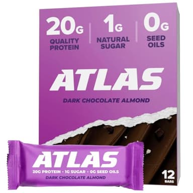 Atlas Bar – 20g Protein, 1g Sugar, 0g Seed Oils, 0g Artificial Sweeteners (12 Count (Pack of 1), Dark Chocolate Almond)