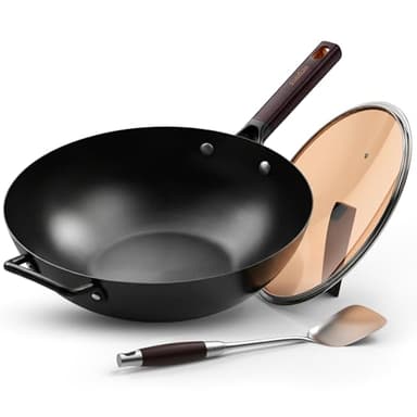 SUMEIGUAN 13.5" Carbon Steel Wok Pan - Pre-Seasoned Flat Bottom Woks & Stir-fry Pans Chinese Cookware with Lid & Spatula - For Pan-fry,Stir Fry, Steam, BBQ & Camping - Compatible with Induction, Gas