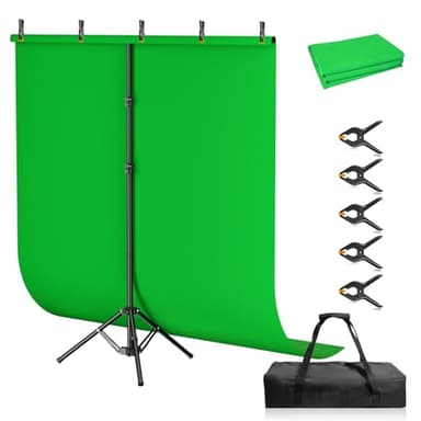 Qoolfoto Green Screen Backdrop Kit, 5×7ft Portable Greenscreen Background with Adjustable T-Shaped Stand, 5 Clamps, Carrying Bag for Parties, Streaming, Photography, Zoom, Gaming, Video Studio