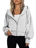 Trendy Queen Hoodies for Women Full Zip Up Cropped Sweatshirts Jackets Casual Comfy Gym Tops Fall Outfits Winter Clothes 2025 Grey L