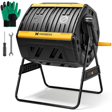 Maygrove Outdoor Compost Bin 53 Gallon, Dual Chamber Large Compost Tumbler for Garden Backyard, with 360° Rotating, Sliding Doors & Solid Steel Frame