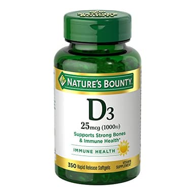 Nature's Bounty Vitamin D3 1000 IU Softgels, Immune Support, Promotes Healthy Bones, 1 Softgel per Day, Gluten Free, 350 Count