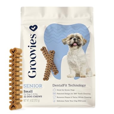 Groovies Senior Small Dog Dental Chews for Dogs, Patented DentalFit Technology for Plaque & Tartar Support, Flexible Texture for Easy Chewing, Chicken Flavor, USA Manufactured, 5–15 lb Dogs,22 Count