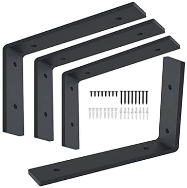 12 Inch Shelf Bracket Heavy Duty L Shelf Bracket 12 x 8 Inch Metal Shelf Bracket with Hardware, Black, 4 Pack