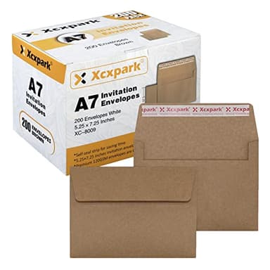 Xxcxpark 200 Qty Printable A7 Invitation Envelopes 5.25 x 7.25, Self Seal 120GSM Brown Kraft Paper Envelopes for Invitations, Papers, Photos, Documents, Wedding, Baby Shower, Easy to Seal