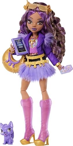 Monster High Doll, Clawdeen Wolf in Purple Moto Jacket and Furry Skirt with Pet Wolf Pup Crescent and 7 Accessories Like Book, Croissant and Purse