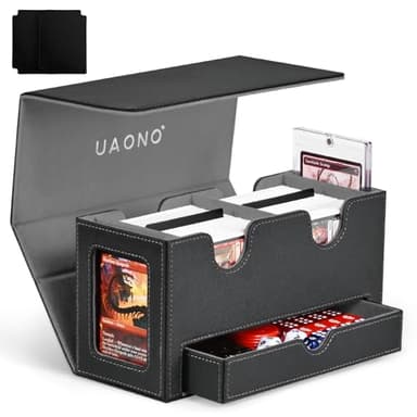 UAONO Card Deck Box for MTG, Double Storage Box with 2 Commander Display & 1 Dice Tray, Fits 200+ Double Sleeved, Organizer for CCG TCG Sports(Black Gray)