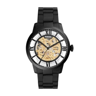 Fossil Men's Townsman 44mm Automatic Watches for Men, Skeleton Watch, Black Stainless and Gold Dial (Model ME3197)