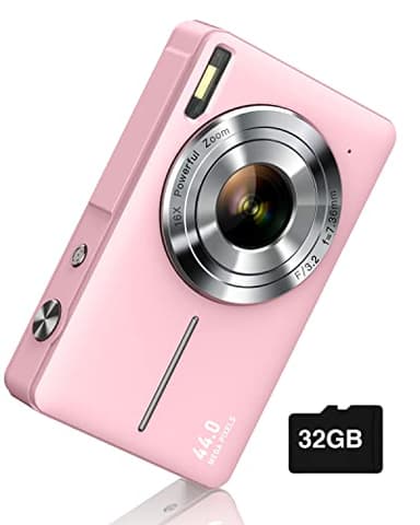 Digital Camera, FHD 1080P Digital Point and Shoot Camera with 16X Zoom Anti Shake, 32GB Card, Compact Small Camera for Boys Girls Kids, Pink