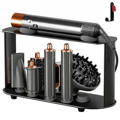 Lasvea Holder for Dyson Airwrap Attachments| 8 Holes Metal Storage Rack with Protective Silicone Pad | Countertop Organizer for Dyson Diffuser Accessories & Curling Iron with Self-Adhesive Hook, Black