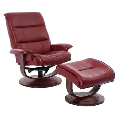 Pemberly Row Stressless Recliner with Ottoman in Red Leather, Manual Swivel Recliner Chair for Living Room Comfort