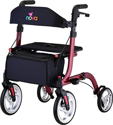 NOVA Medical Products Express Rollator Walker, Large 10” & 8” Wheels, Compact Foldable & Free Standing, Easy to Fold, Lift & Carry, Comes with Cane Holder, Red