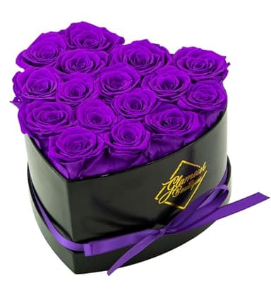 GLAMOUR BOUTIQUE 16 Flower Forever Heart Shape Box, Eternal Preserved Roses Gift for Her, Lasting Flowers, Romantic Floral Keepsake for Birthday, Anniversary or Valentine’s Day, Purple (Color-Treated)