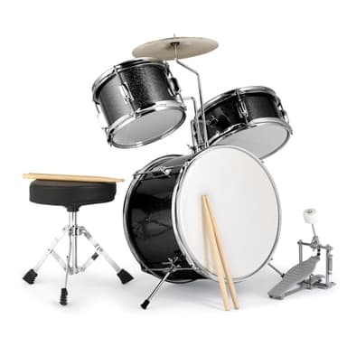 Ktaxon 3-Piece Drum Set, 14 Inch Beginners Drums Kit with Throne Stool, Pedal & 2 Pairs of Drumsticks, Junior Drums Set Musical Instruments W/Cymbal, Tom, and Snare Drum (Black)