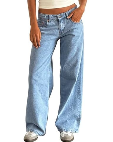 Flvsun Women's Wide Leg Low Waisted Baggy Jeans Casual Loose Y2K Boyfriend Straight Denim Pants (US, Alpha, Small, Regular, Regular, 4677Light Blue)