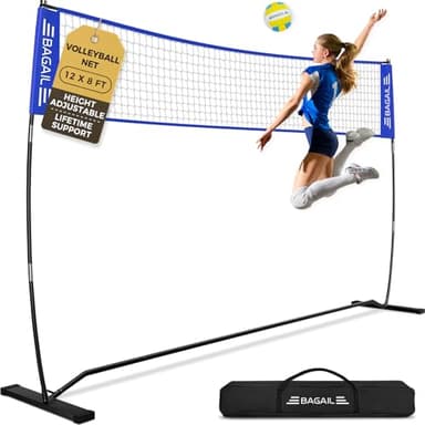 BAGAIL Volleyball Net, 12ft Portable Volleyball Net for Backyard - Adjustable Height, Heavy-Duty Frame, Freestanding Design - Portable Outdoor/Indoor Volleyball Set with Carry Bag - Blue