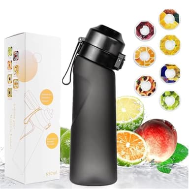 Sports Air Water Bottle BPA Free Starter up Set Drinking Bottles,650ML Fruit Fragrance Water Bottle,with 7 Flavour pods%0 Sugar Water Cup,for Gym and Outdoor Gift (Matte Black+7pcs Flavor Pod)