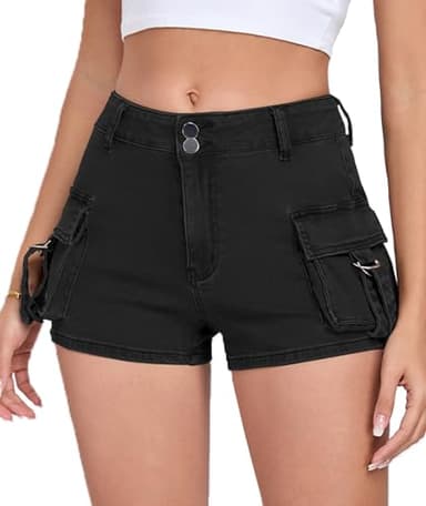 Aotasely Women's Denim Mini Cargo Shorts Casual Mid Rise High Stretchy Jean Sexy Booty Shorts with Pockets Y2K Black
