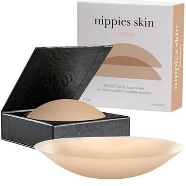 Nippies Nipple Covers for Women with Travel Case, Reusable Nipple Pasties with Skin-Safe Adhesive, Invisible Braless Solution under Clothing - Original Circle Covers, Caramel, Size 1 (Fits A-C Cups)