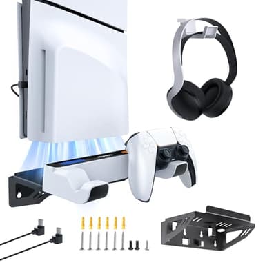 NexiGo PS5 (All Versions) Wall Mount Kit with Charging Station for PS5/PS5 Slim/PS5 Pro Consoles, Regular and DualSense_Edge Controllers, Stable Metal Wall Hanging Stand with LED Indicator
