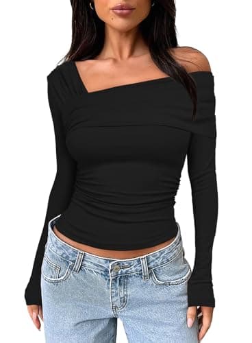 Darong Women Off Shoulder Top Y2K Asymmetrical Neck Long Sleeve Shirt Tee Basic Cute Slim Fitted Crop Top Blouse 9033 Black M