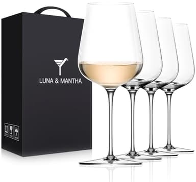 LUNA & MANTHA White Wine Glasses Set of 4, Crystal Wine Glasses with Stem, Hand Blown 14oz, Perfect for Red，White Gift Packaging for Daily Use, Father's Day, Wedding Anniversary or Birthday