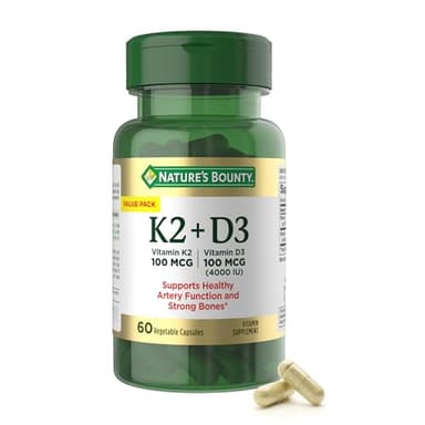 Nature’s Bounty Vitamin D3 K2 Supplement, 4000 IU Vitamin D3 plus 100 mcg of Vitamin K Supplements for Adults for Heart & Bone Health Support, 60 Day Supply, 60 Vegetarian Capsules